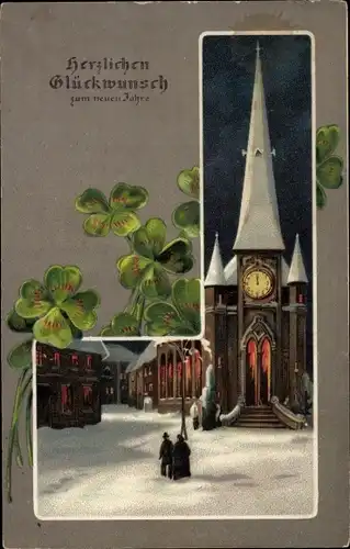 Präge Litho Glückwunsch Neujahr, Schneebedeckte Kirche, Kleeblätter