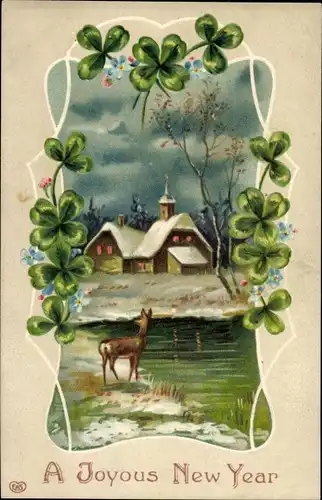 Präge Litho Glückwunsch Neujahr, Kleeblätter, Reh am Flussufer, Winterlandschaft