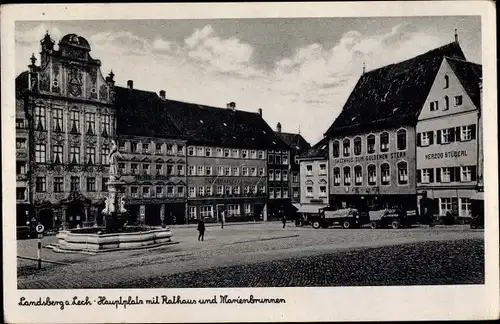 Ak Landsberg am Lech in Oberbayern, Hauptplatz mit Rathaus und Marienbrunnen