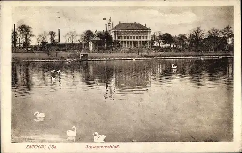 Ak Zwickau in Sachsen, Schwanenschloss, Seeansicht