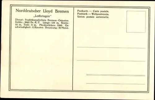 Ak Norddeutscher Lloyd Bremen, Frachtdampfer Lothringen