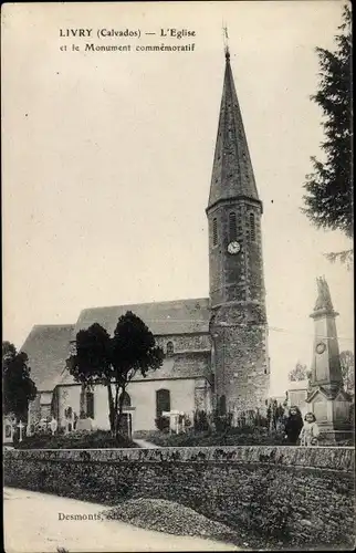 Ak Livry Calvados, L'Eglise, Monument commemoratif