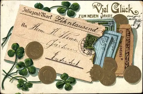 Präge Litho Glückwunsch Neujahr, Geldscheine, Münzen, Kleeblätter