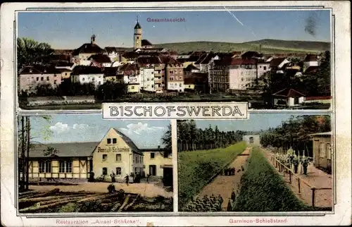 Ak Bischofswerda im Kreis Bautzen, Gesamtansicht, Restauration Amsel Schänke, Garnison Schießstand