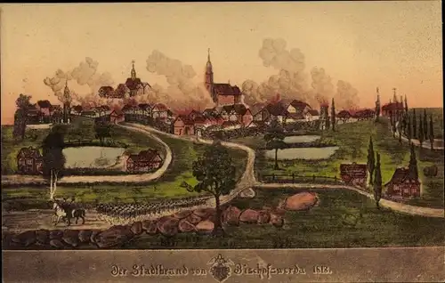 Künstler Ak Bischofswerda in Sachsen, Brand der Stadt 1818