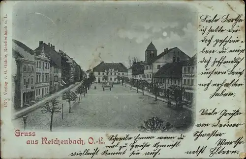Mondschein Ak Reichenbach in der Oberlausitz, Marktplatz, Rathaus