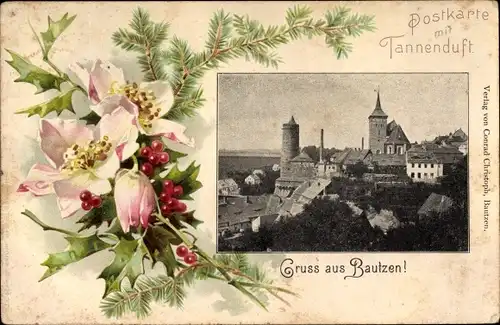 Passepartout Ak Bautzen in der Oberlausitz, Blick auf den Ort, Stechpalmenzweige