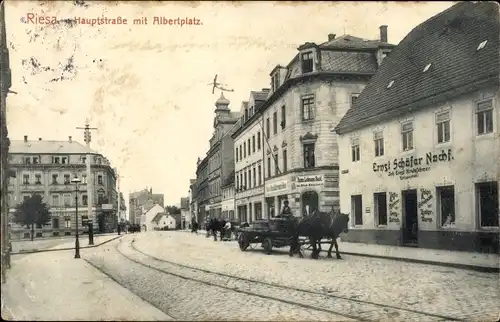 Ak Riesa, Hauptstraße mit Albertplatz, Geschäft Ernst Schäfer