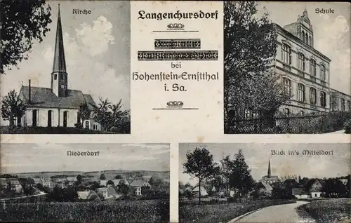 Ak Langenchursdorf Callenberg in Sachsen, Kirche, Schule, Niederdorf, Mitteldorf