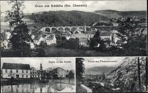 Ak Rödlitz Lichtenstein in Sachsen, Partie an der Kirche, Fürstenbrunnen, Totalansicht