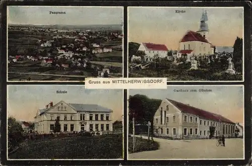 Ak Mittelherwigsdorf in der Oberlausitz, Panorama, Kirche, Schule, Gasthaus zum Gütchen