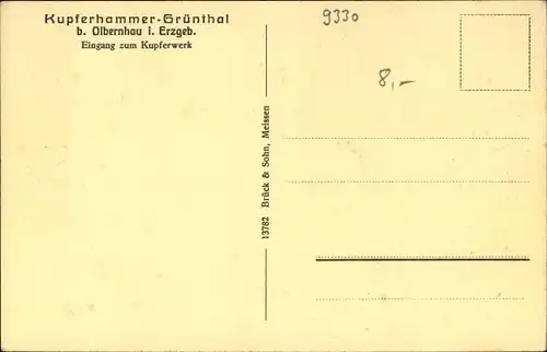 Ak Kupferhammer Grünthal Olbernhau im Erzgebirge Sachsen, Sächs. Kupfer u. Messingwerke F. A. Lange