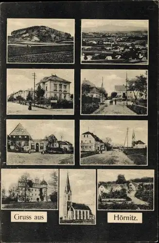 Ak Bertsdorf Hörnitz Oberlausitz, Panorama, Kirche, Schloss, Straßenpartien, Geschäftshaus