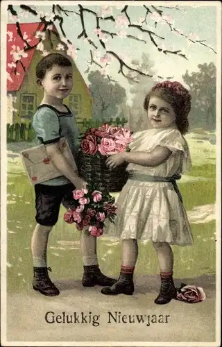 Präge Litho Glückwunsch Neujahr, Junge und Mädchen mit Rosen