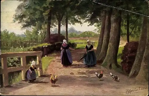 Künstler Ak Gerstenhauer, Johann, Dorfpartie, Bauernmädchen, Hühner