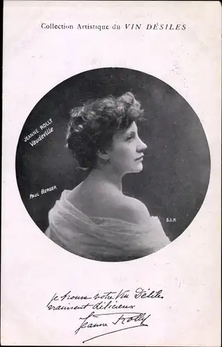 Ak Collection artistique du Vin Desiles, Schauspielerin Jeanne Rolly, Vaudeville