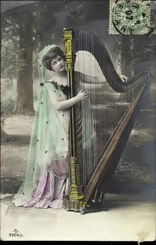 Ak Nachdenkliche junge Dame mit Harfe
