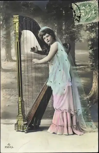 Ak Nachdenkliche junge Dame mit Harfe