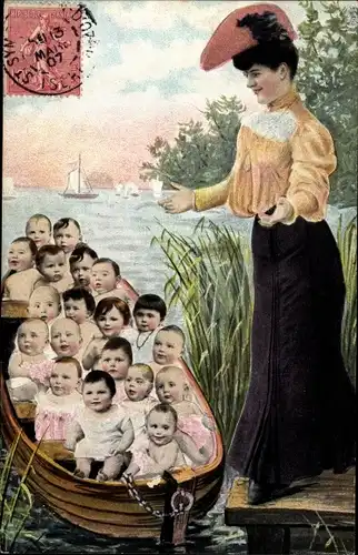 Ak Babys in einem Ruderboot, Frau am Ufer, Fotomontage