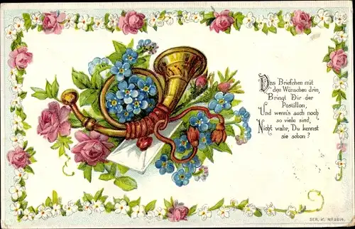 Präge Litho Das Briefchen mit den Wünschen drin, Posthorn, Vergissmeinnicht, Rosenblüten