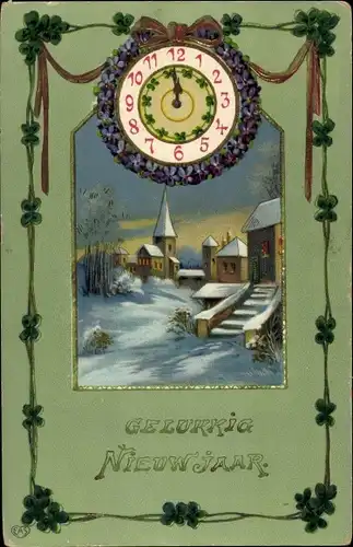Präge Litho Glückwunsch Neujahr, Ortschaft im Winter, Uhr, Kleeblätter, Veilchen