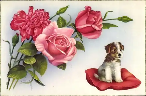 Künstler Ak Rosen und Nelken, Hund auf einem Kissen