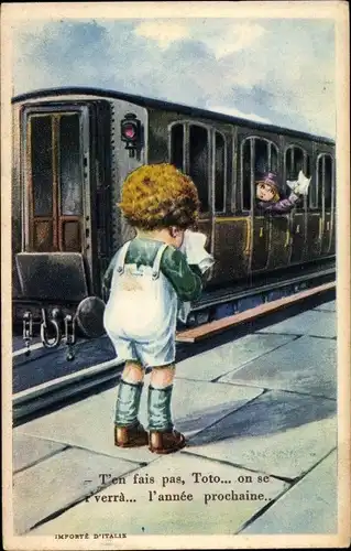 Künstler Ak T'en fais pas, weinender Junge, winkendes Mädchen im Zug