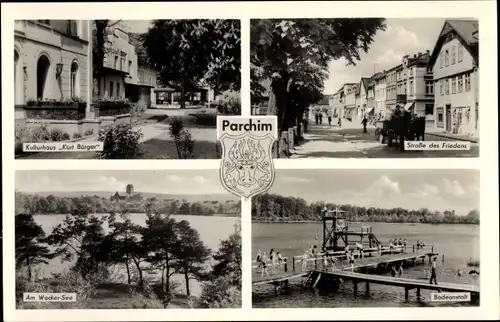 Wappen Ak Parchim in Mecklenburg, Kulturhaus Kurt Bürger, Wacker See, Straße des Friedens