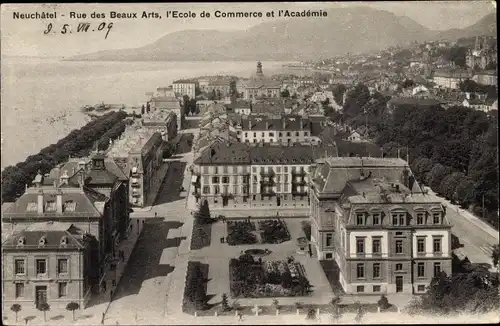 Ak Neuchâtel Kanton Neuenburg, Rue des Beaux Arts, l'Ecole de Commerce et l'Academie