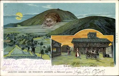 Mondschein Litho Waltersdorf Großschönau Oberlausitz, Die benebelte Lausche, Gasthaus, Berggesichter