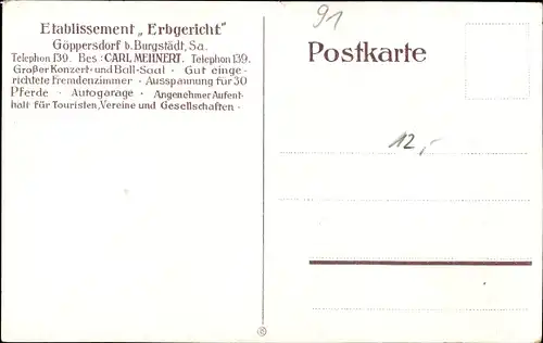 Ak Göppersdorf Burgstädt in Sachsen, Gasthof zum Erbgericht, Saal