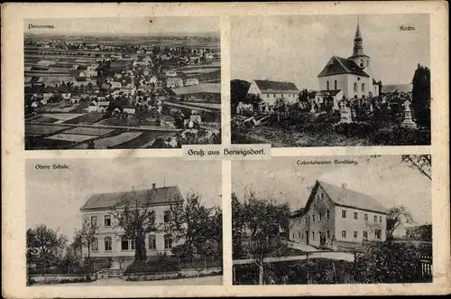 Ak Herwigsdorf Rosenbach in der Oberlausitz, Panorama, Kirche, Obere Schule, Kolonialwarenhandlung