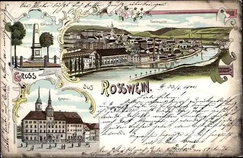 Litho Roßwein in Sachsen, Totalansicht, Rathaus, Kriegerdenkmal