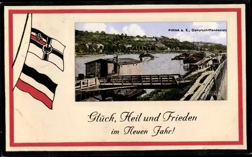 Fahnen Passepartout Ak Pirna an der Elbe, Dampfschifflandeplatz, Reichskriegsflagge, Glück, Heil