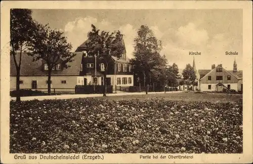 Ak Deutscheinsiedel Deutschneudorf im Erzgebirge, Partie bei der Oberförsterei, Kirche, Schule