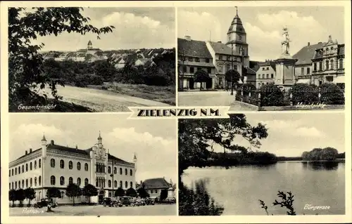 Ak Sulęcin Zielenzig Ostbrandenburg, Gesamtansicht, Marktplatz, Rathaus, Bürgersee
