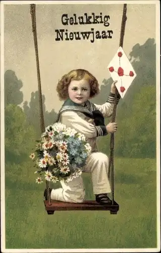Präge Ak Glückwunsch Neujahr, Junge im Matrosenanzug mit Blumen auf einer Schaukel