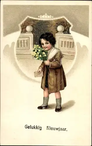 Präge Litho Glückwunsch Neujahr, Junge mit Brief und Blumen