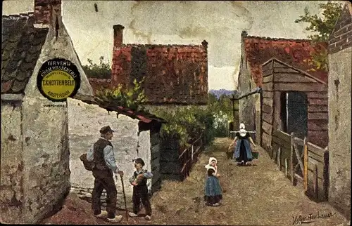 Künstler Ak Gerstenhauer, Johann, Junge Frau trägt Eimer mit Wasser, Bauern, Gespräch