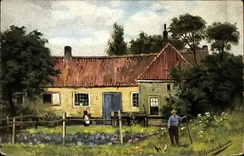 Künstler Ak Gerstenhauer, Johann, Dorfpartie, Blick auf ein Bauernhaus