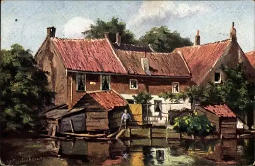 Künstler Ak Gerstenhauer, Johann, Dorfpartie, Blick auf ein Bauernhaus am Wasser