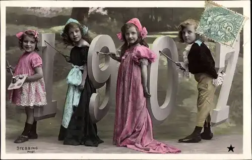 Ak Glückwunsch Neujahr, Junge und Mädchen, Jahreszahl 1907