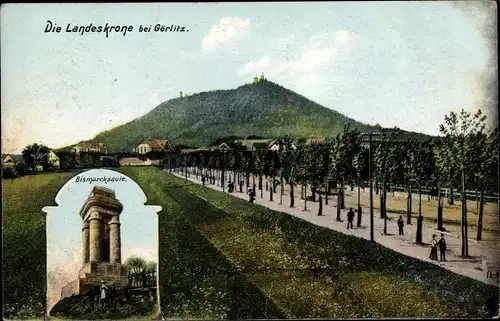 Ak Görlitz in der Lausitz, Blick auf die Landeskrone, Bismarcksäule