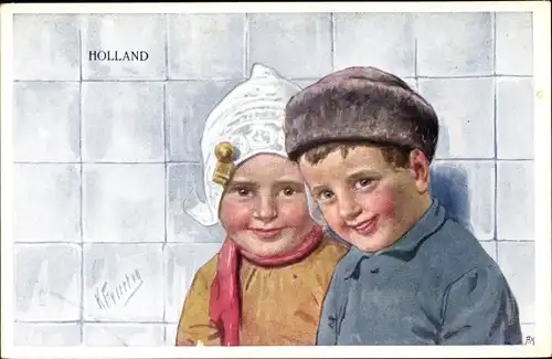 Künstler Ak Feiertag, K., Kinder in niederländischer Tracht, Portrait, BKWI 686-5