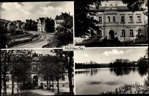 Ak Mühlau in Sachsen, Rathaus, See, Schule, Ortspartie