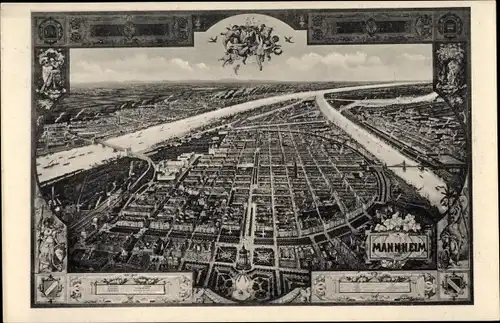 Passepartout Ak Mannheim in Baden Württemberg, Fliegeraufnahme, Wappen, Engel, Adolf Bauer