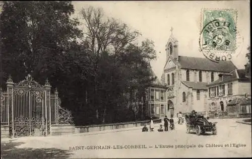 Ak Saint Germain les Corbeil Essonne, L'Entrée principale du Château et l'Église