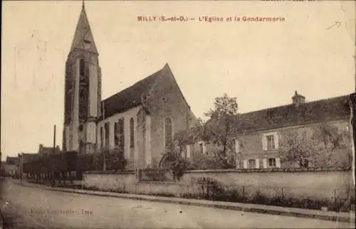 Ak Milly la Forêt Essonne, L'Eglise et la Gendarmerie