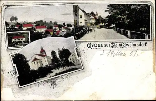 Ak Steinigtwolmsdorf in der Lausitz, Teilansicht, Straßenpartie, Kirche