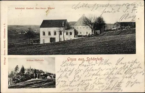 Ak Schönfeld Pfaffroda Erzgebirge, Gasthof, Blick auf das Schloss